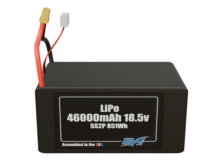 Front-facing render of the 18.5V 46000mAh 5S2P LiPo battery, assembled in the USA by maxamps, for drone and robotics applications.