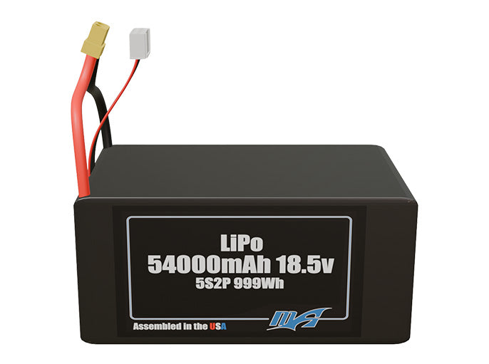 Front-facing render of the 18.5V 54000mAh 5S2P LiPo battery, assembled in the USA by maxamps, for drone and robotics applications.