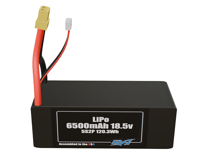 Front-facing render of the 18.5V 6500mAh 5S2P LiPo battery, assembled in the USA by maxamps, for drone and robotics applications.