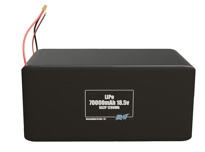 Front-facing render of the 18.5V 70000mAh 5S2P LiPo battery, assembled in the USA by maxamps, for drone and robotics applications.