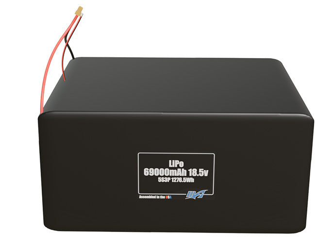 Front-facing render of the 18.5V 69000mAh 5S3P LiPo battery, assembled in the USA by maxamps, for drone and robotics applications.