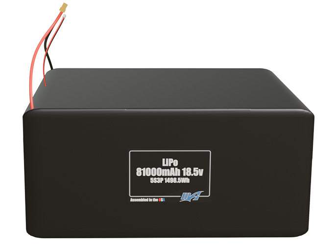 Front-facing render of the 18.5V 81000mAh 5S3P LiPo battery, assembled in the USA by maxamps, for drone and robotics applications.