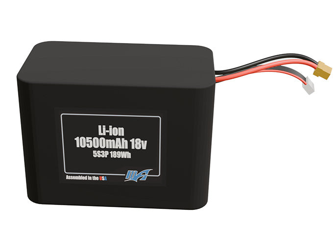 Front-facing render of the 18V 10500mAh 5S3P Li-ion battery, assembled in the USA by maxamps, for drone and robotics applications.