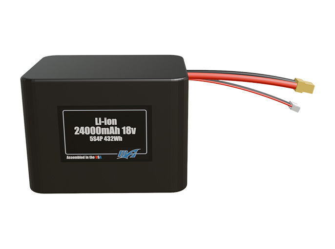 Front-facing render of the 18V 24000mAh 5S4P Lithium-Ion battery, assembled in the USA by maxamps, for drone and robotics applications.