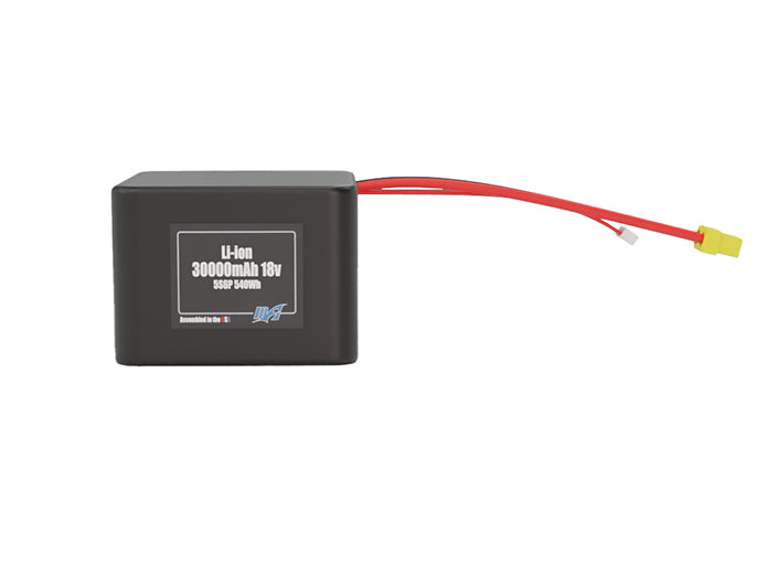 Front-facing render of the 18V 30000mAh 5S6P Lithium-Ion battery, assembled in the USA by maxamps, for drone and robotics applications.