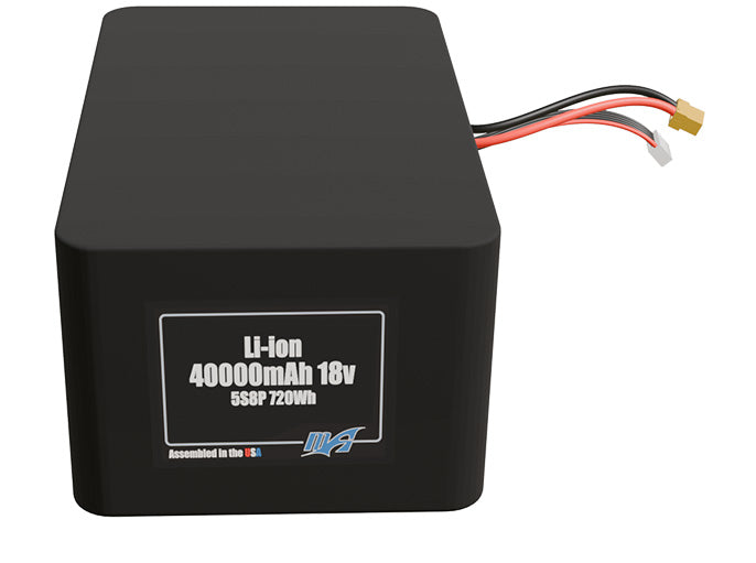 Front-facing render of the 18V 40000mAh 5S8P Lithium-Ion battery, assembled in the USA by maxamps, for drone and robotics applications.