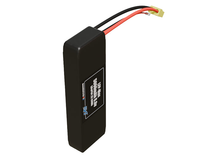 Side-angle render of a 6.6-volt 5000mAh lithium-iron-phosphate battery, assembled in the USA for compact UAV, drone, and military robotics platforms.