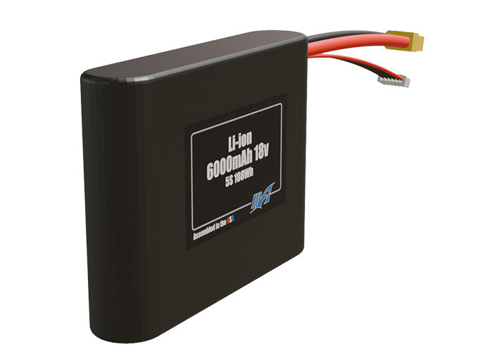 Angled product render of the 6000mAh five-cell Li-ion pack. A lightweight energy source for UAV, drone, and robotic builds.