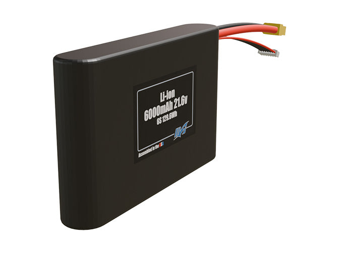 Angled product render of the 6000mAh six-cell Li-ion pack. A lightweight energy source for UAV, drone, and robotic builds.
