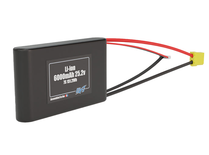 Angled product render of the 6000mAh seven-cell Li-ion pack. A lightweight energy source for UAV, drone, and robotic builds.