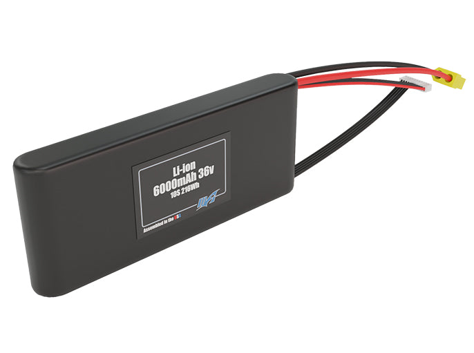 Angled product render of the 6000mAh ten-cell Li-ion pack. A lightweight energy source for UAV, drone, and robotic builds.