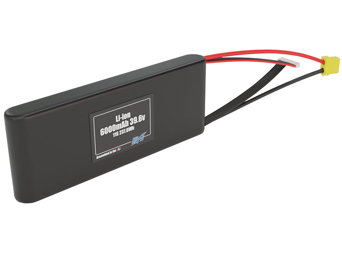 Angled product render of the 6000mAh eleven-cell Li-ion pack. A lightweight energy source for UAV, drone, and robotic builds.