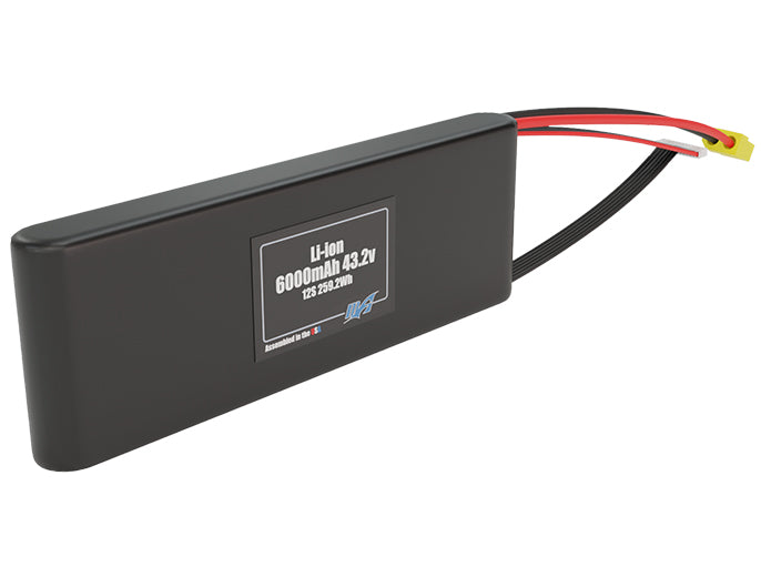 Angled product render of the 6000mAh twelve-cell Li-ion pack. A lightweight energy source for UAV, drone, and robotic builds.