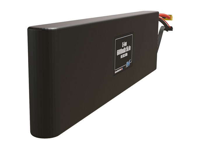 Angled product render of the 6000mAh fourteen-cell Li-ion pack. A lightweight energy source for UAV, drone, and robotic builds.