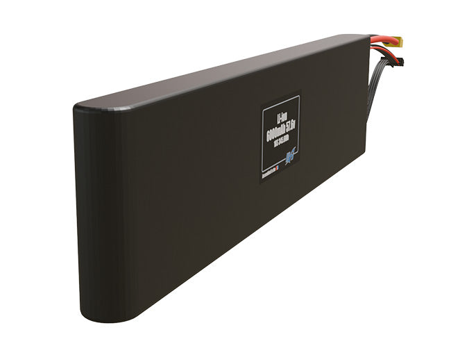 Angled product render of the 6000mAh sixteen-cell Li-ion pack. A lightweight energy source for UAV, drone, and robotic builds.