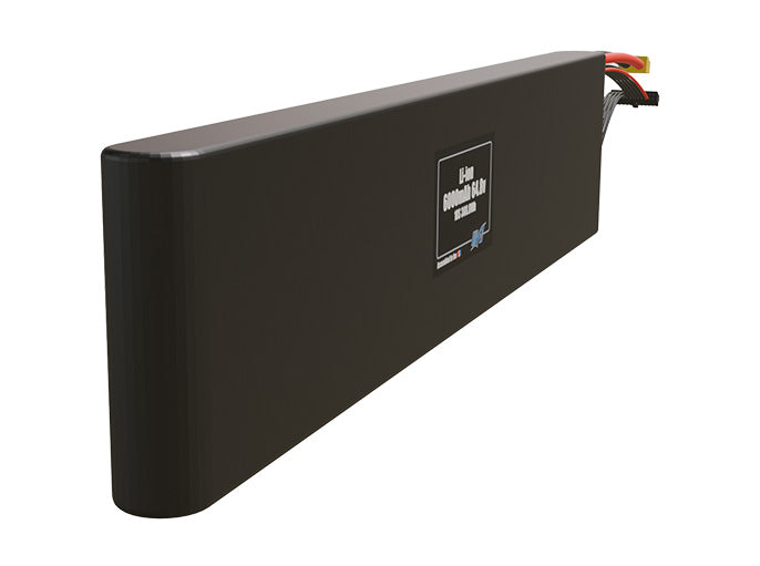 Angled product render of the 6000mAh eighteen-cell Li-ion pack. A lightweight energy source for UAV, drone, and robotic builds.