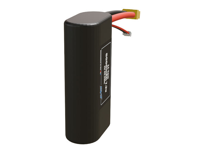 Angled product render of the 6000mAh two-cell Li-ion pack. A lightweight energy source for UAV, drone, and robotic builds.