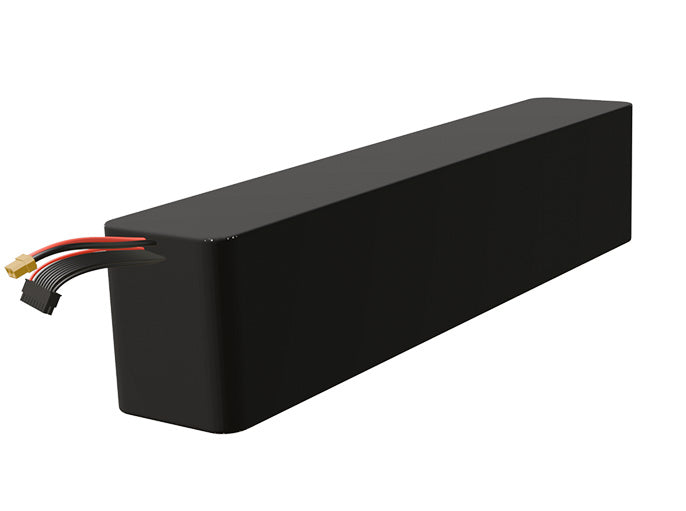 Side-angle render of a 61.2-volt 13500mAh lithium-ion battery, assembled in the USA for compact UAV, drone, and military robotics platforms.