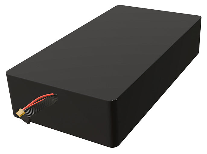 Side-angle render of a 61.2-volt 45000mAh lithium-ion battery, assembled in the USA for compact UAV, drone, and military robotics platforms.