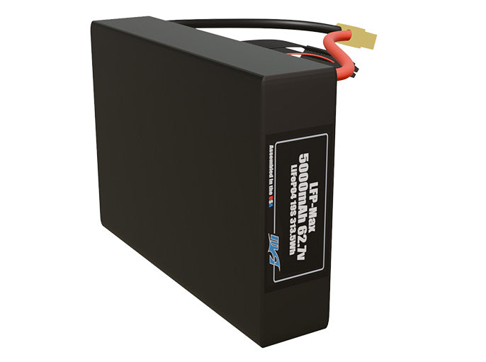 Side-angle render of a 62.7-volt 5000mAh lithium-iron-phosphate battery, assembled in the USA for compact UAV, drone, and military robotics platforms.