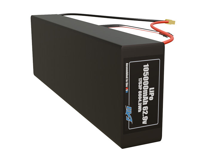 Side-angle render of a 62.9-volt 105000mAh lithium-polymer battery, assembled in the USA for compact UAV, drone, and military robotics platforms.