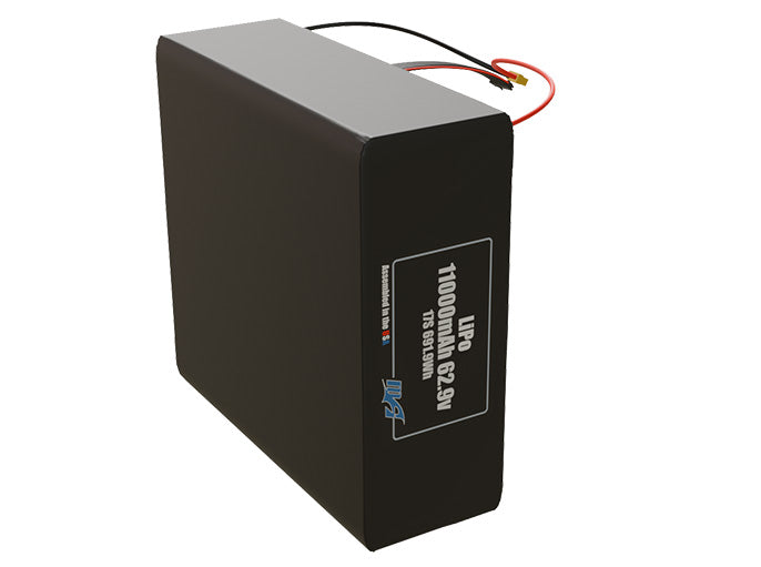 Side-angle render of a 62.9-volt 11000mAh lithium-polymer battery, assembled in the USA for compact UAV, drone, and military robotics platforms.