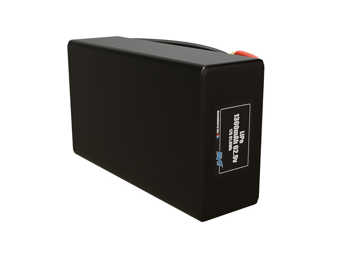 Side-angle render of a 62.9-volt 1300mAh lithium-polymer battery, assembled in the USA for compact UAV, drone, and military robotics platforms.
