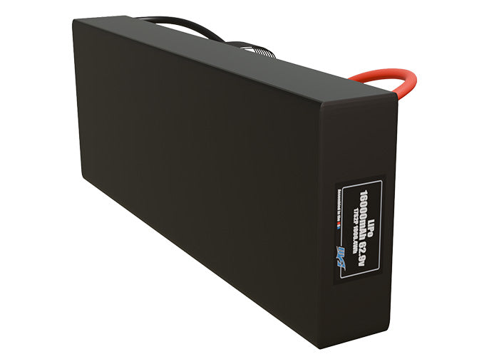 Side-angle render of a 62.9-volt 16000mAh lithium-polymer battery, assembled in the USA for compact UAV, drone, and military robotics platforms.