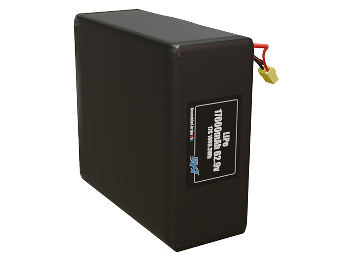 Side-angle render of a 62.9-volt 17000mAh lithium-polymer battery, assembled in the USA for compact UAV, drone, and military robotics platforms.