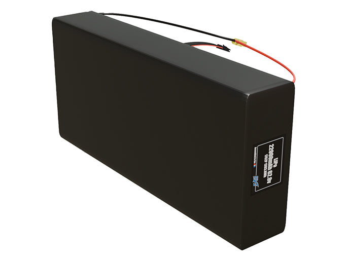 Side-angle render of a 62.9-volt 22000mAh lithium-polymer battery, assembled in the USA for compact UAV, drone, and military robotics platforms.