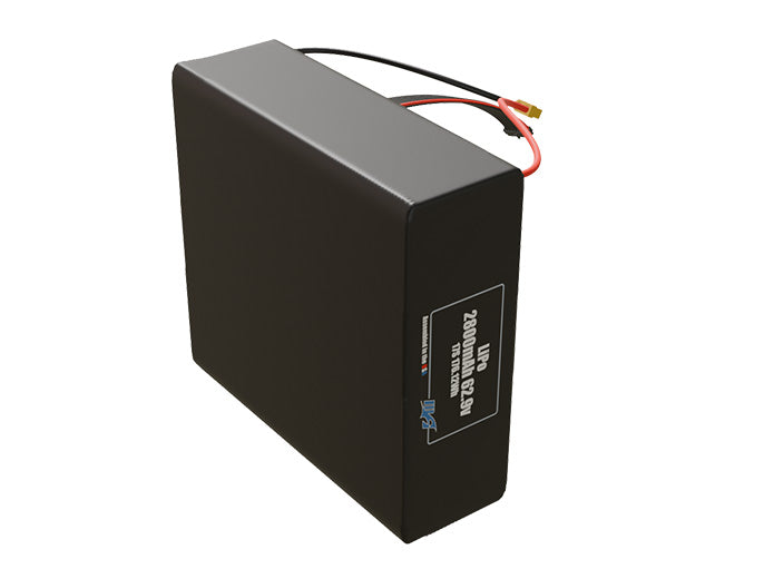 Side-angle render of a 62.9-volt 2800mAh lithium-polymer battery, assembled in the USA for compact UAV, drone, and military robotics platforms.
