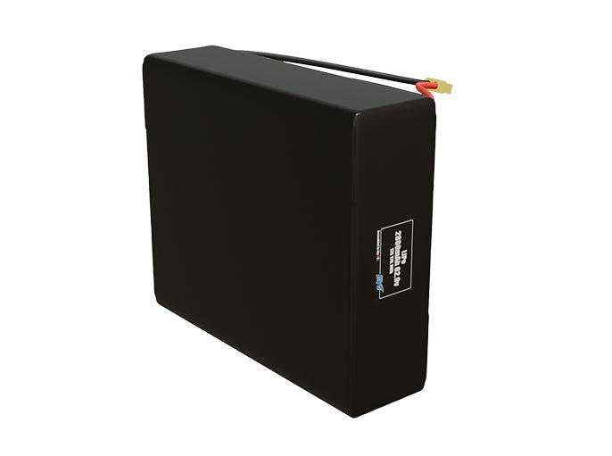 Side-angle render of a 62.9-volt 2800mAh lithium-polymer battery, assembled in the USA for compact UAV, drone, and military robotics platforms.