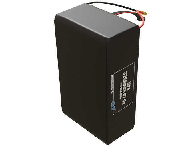 Side-angle render of a 62.9-volt 3250mAh lithium-polymer battery, assembled in the USA for compact UAV, drone, and military robotics platforms.