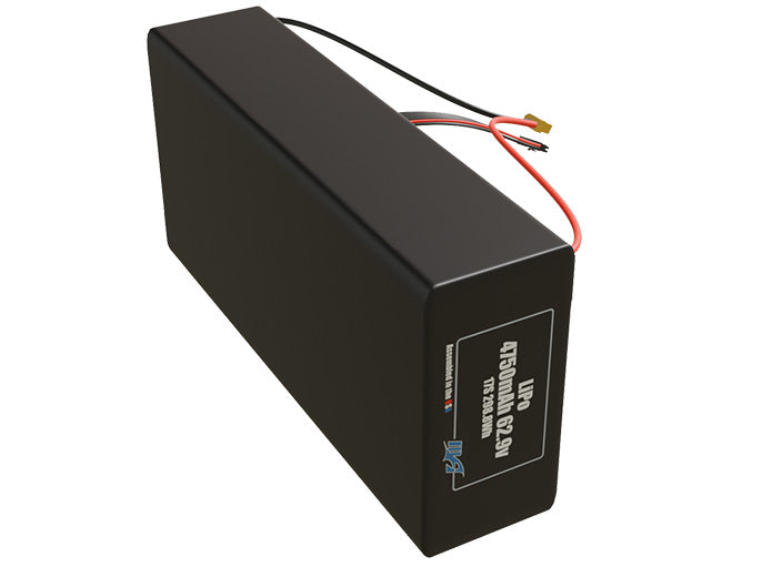 Side-angle render of a 62.9-volt 4750mAh lithium-polymer battery, assembled in the USA for compact UAV, drone, and military robotics platforms.