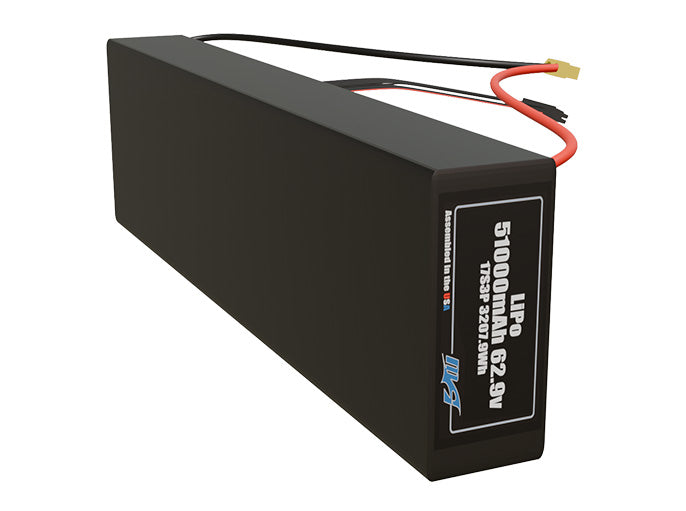 Side-angle render of a 62.9-volt 51000mAh lithium-polymer battery, assembled in the USA for compact UAV, drone, and military robotics platforms.