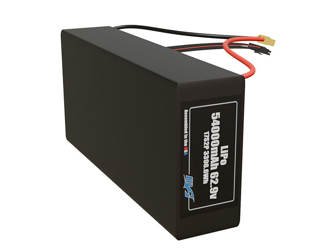 Side-angle render of a 62.9-volt 54000mAh lithium-polymer battery, assembled in the USA for compact UAV, drone, and military robotics platforms.