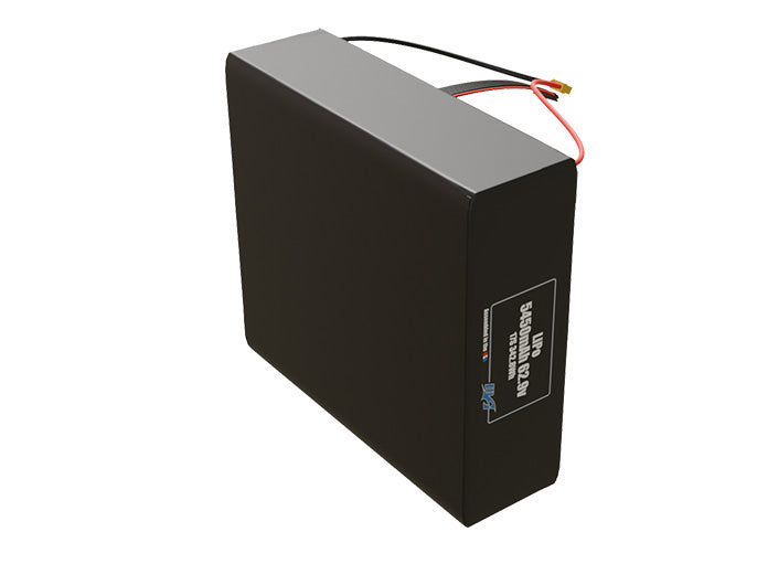 Side-angle render of a 62.9-volt 5450mAh lithium-polymer battery, assembled in the USA for compact UAV, drone, and military robotics platforms.