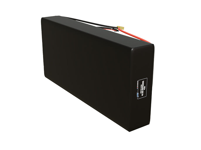 Side-angle render of a 62.9-volt 5600mAh lithium-polymer battery, assembled in the USA for compact UAV, drone, and military robotics platforms.