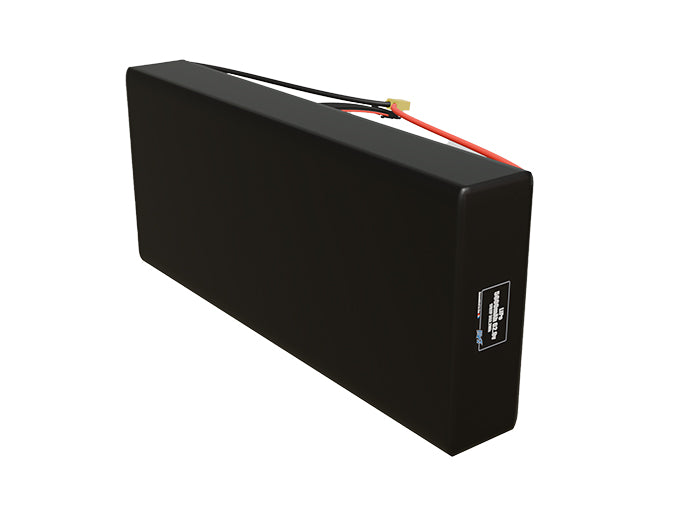 Side-angle render of a 62.9-volt 5600mAh lithium-polymer battery, assembled in the USA for compact UAV, drone, and military robotics platforms.