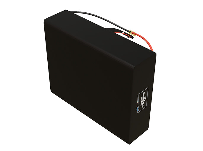 Side-angle render of a 62.9-volt 6500mAh lithium-polymer battery, assembled in the USA for compact UAV, drone, and military robotics platforms.
