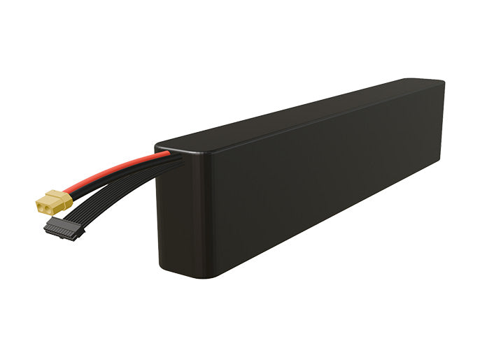 Side-angle render of a 64.8-volt 12000mAh lithium-ion battery, assembled in the USA for compact UAV, drone, and military robotics platforms.