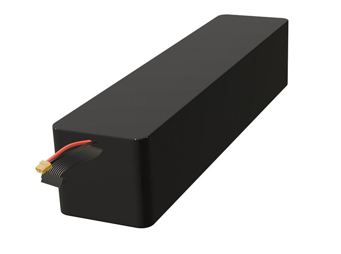 Side-angle render of a 64.8-volt 14000mAh lithium-ion battery, assembled in the USA for compact UAV, drone, and military robotics platforms.