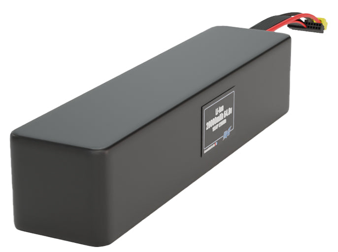 Side-angle render of a 64.8-volt 20000mAh lithium-ion battery, assembled in the USA for compact UAV, drone, and military robotics platforms.