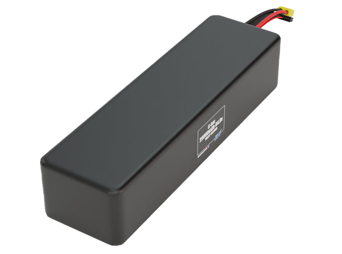 Side-angle render of a 64.8-volt 25000mAh lithium-ion battery, assembled in the USA for compact UAV, drone, and military robotics platforms.