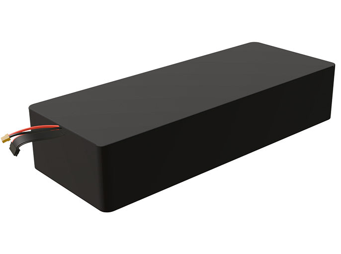 Side-angle render of a 64.8-volt 35000mAh lithium-ion battery, assembled in the USA for compact UAV, drone, and military robotics platforms.