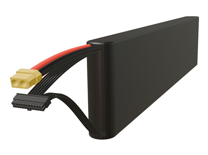 Side-angle render of a 64.8-volt 3500mAh lithium-ion battery, assembled in the USA for compact UAV, drone, and military robotics platforms.