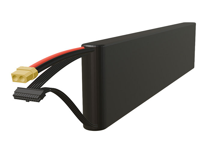 Side-angle render of a 64.8-volt 4500mAh lithium-ion battery, assembled in the USA for compact UAV, drone, and military robotics platforms.