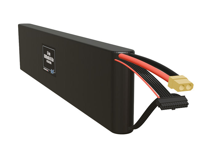 Side-angle render of a 64.8-volt 6000mAh lithium-ion battery, assembled in the USA for compact UAV, drone, and military robotics platforms.
