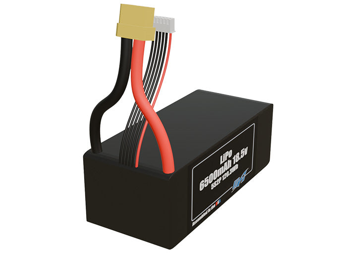 Angled product render of the 6500mAh ten-cell LiPo pack. A lightweight energy source for UAV, drone, and robotic builds.