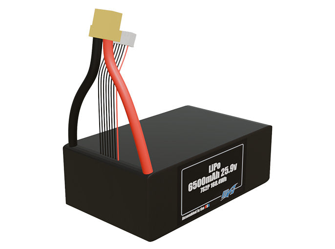 Angled product render of the 6500mAh fourteen-cell LiPo pack. A lightweight energy source for UAV, drone, and robotic builds.
